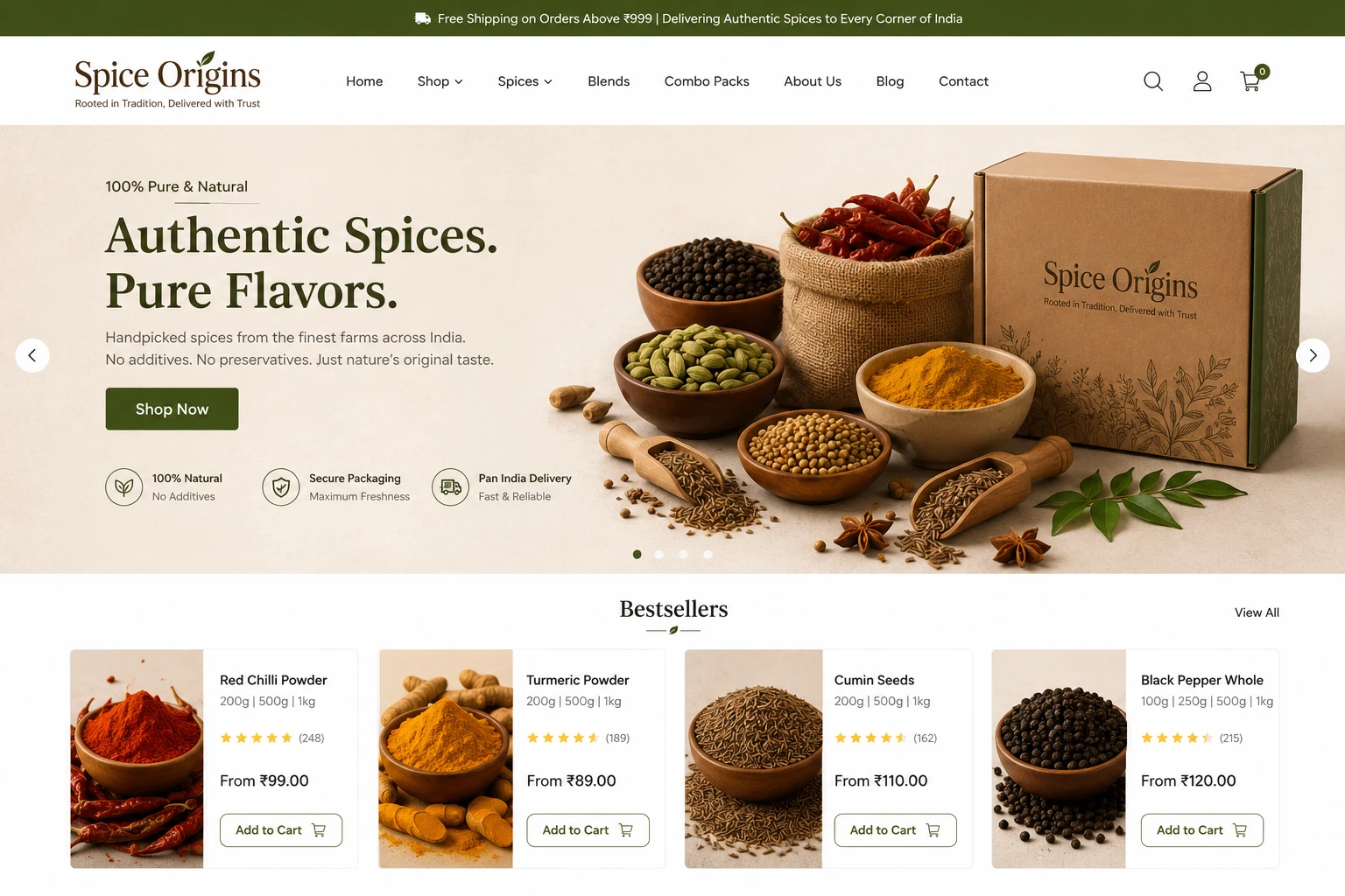 Spice store ecommerce website designed for a business in Kadavanthra