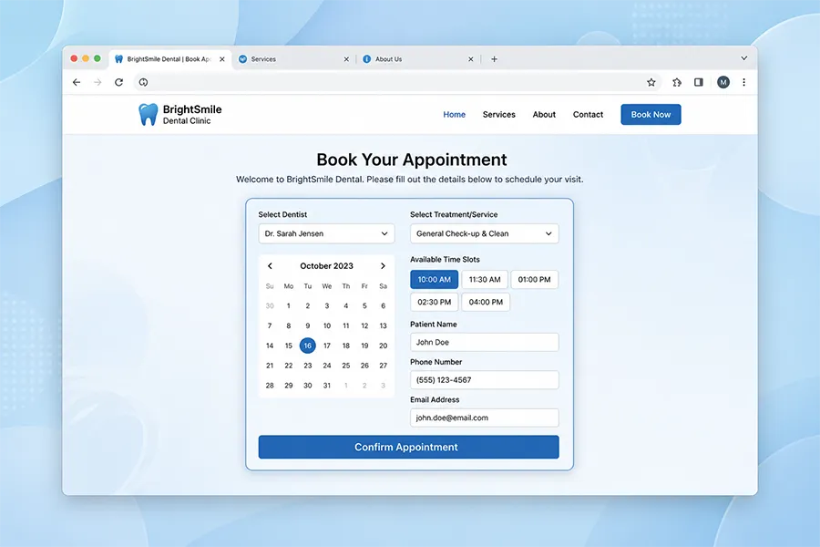 Online appointment booking page design for a dentist website